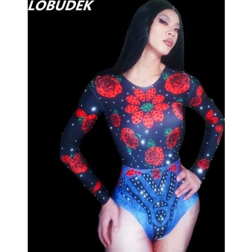 Women Nightclub Stage Wear Sexy Elastic Leotard Sparkly Crystals Rose Flowers Printed Bodysuit Bar Party Costume Dance Catsuit