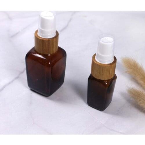 10ml 20ml 30ml 50ml 100ml Wooden Bamboo Cap Spray Pump Square Amber Glass Bottle Cosmetic Hydrolat Filling Container