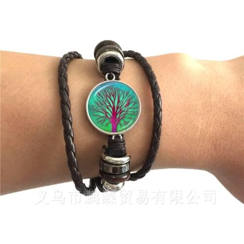 2018 Fashion Retro Bracelet Cabochon 20mm Class Dome Black/Brown Leather Bangles Tree of Life Jewelry For Men Woman Gift