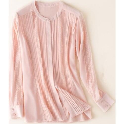 2019 Spring Women Crepe de Chine Collor Silk Shirts Slim Long Sleeves Lace Splicing T-shirt OL Silk Shirts Luxury Shirts