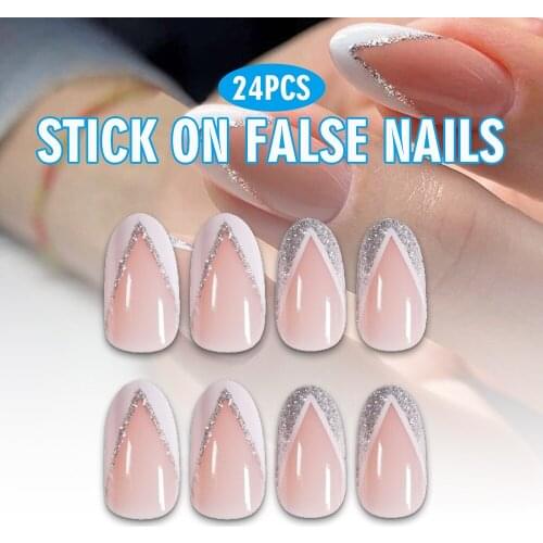 24Pcs Fake Nails Art Tips Silver Edge French Wearing Manicure Finished Fake Nail Patch On False Nails Full Cover With Glue