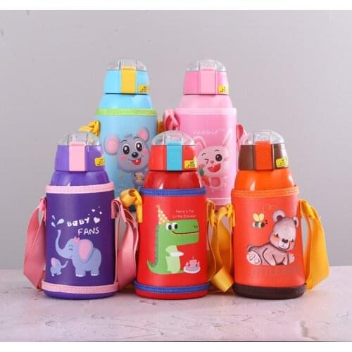 500ml Kids Smart Insulation Cup with Straw Stainless Steel Temperature Display Cartoon Lanyard Drinking Bottle