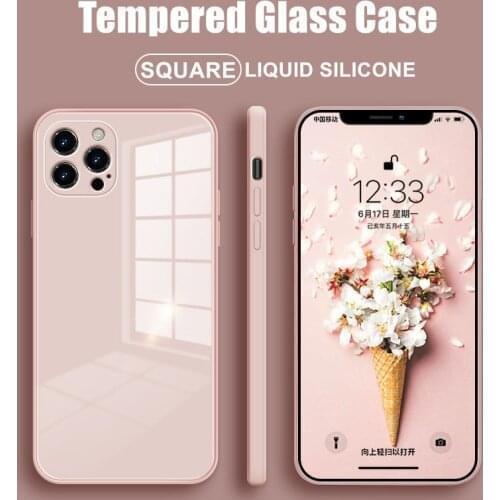 Square Liquid Tempered Glass Case For iPhone 11 12 Mini Pro Max XS XR X 7 8 Plus SE2020 Original Silicone Candy Cover Protection