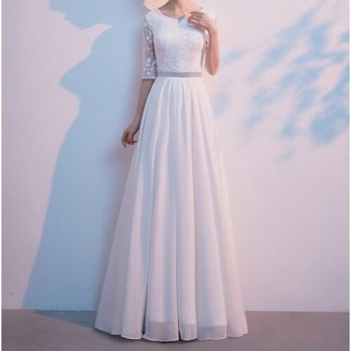 Elegant White Wedding Dress Chiffon with Tulle Sequins Wedding Party Dress Half Sleeves Floor Length Zipper Back
