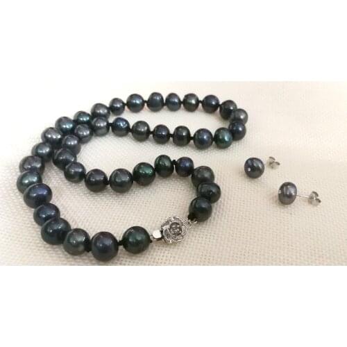 Women Jewelry set 8x9mm black colors natural pearl necklace rhinestone stud earrings AAA Cultured freshwater pearl 17'' 43cm