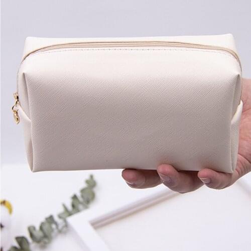 Faux Leather Zipper Cosmetic Bag Waterproof Solid Makeup Toiletry Organizer Case