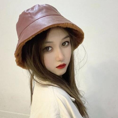 MAXSITI U Double-sided fur Bucket Hat For Women PU fisherman hat Men Harajuku rough edge personalized basin hat retro warm hat