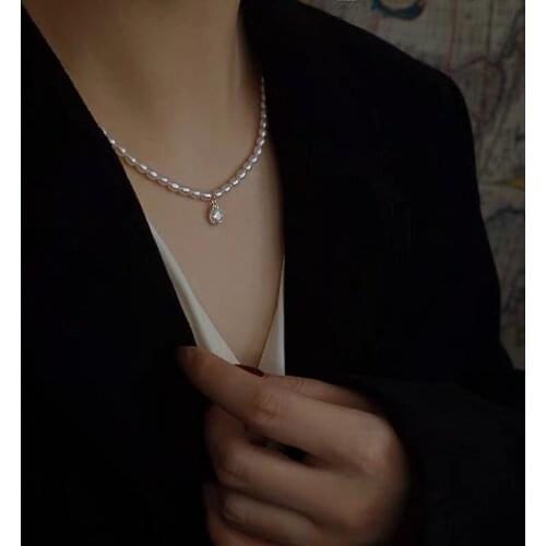 TIMEONLY Irregular Square Waterdrop CZ Zirconia Pendant Necklaces Beading Imitation Pearl Charms Necklace for Women Jewellery