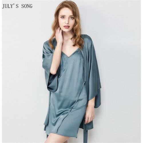 JULYS SONG Female 2 Pcs Pajamas Set Satin Silk Soild Color Nightgown Sexy Pajamas Summer Female Sleepwear Robe Nightdress