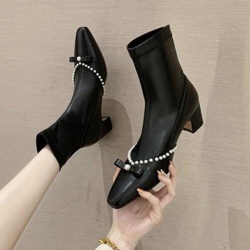 Rimocy Elegant Ladies Pearls Ankle Boots Autumn Winter 2020 Comfortable Med Square Heels Short Pu Pleather Boots Shoes Woman