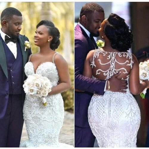 Luxury Crystals Black Girl Mermaid Wedding Dresses Sexy Spaghetti Sheer Back Plus Size Bridal Gowns Full Beading Wedding Dress