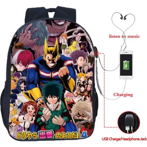 Boku No Hero Academia USB Charging Backpack My Hero Academia Double Pocket School Mochila Men Women Boys Girls Daily Rucksack