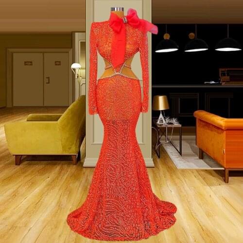 Sexy Open Back Mermaid Orange Evening Dresses for Black Girls Long Sleeve Bow Transparent Prom Dress Women Formal Evening Gowns