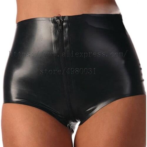 Sexy 100% handmade womens latex shorts with crotch zipper decorations in solid black color