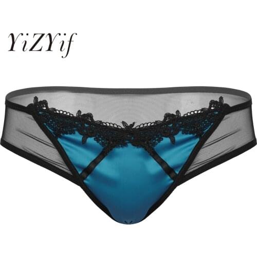 Mens See-through Mesh Back Underwear Hot Sexy Lace Sissy Underwear Underpants Low Rise Lace Trim Satin Patchwork Briefs Panties
