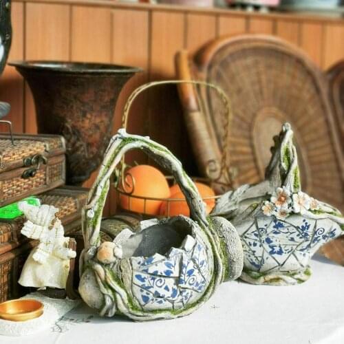 Outdoor Garden Retro Handle Flower Basket Succulent Vase Resin Ornament Courtyard Balcony Figurines Accessorie Crafts Decoration