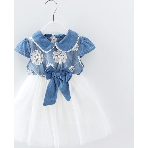 VOGUEON Children Clothing New Zipper Denim Dress Girls Lace Princess Dress Baby Kids Embroidery Pearl Dresses Infant Bow Vestido
