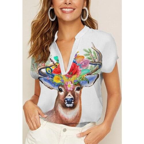 2021 Hot Woman Blouses Long Sleeve V-Neck Pullover Shirt Deer Printing Shirt Customize Design Dropshipping