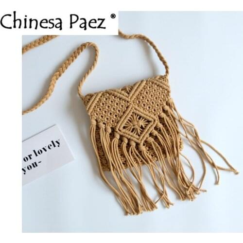 Ladies Casual Cotton Rope Straw Bag handmade Hollow Tassel Beach Bag Flip Hand Woven Bag Crossbody single Shoulder Zipper Bag