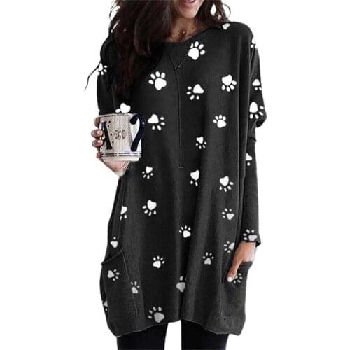 Women T-Shirts Casual Autumn O Neck Paw Print Pockets Tunic Top Long Pullover Streetwear Womens Clothing 2021 футболка оверсайз