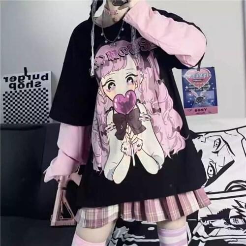 Woman tshirts Japanese cute anime printing harajuku loose fake two-piece long-sleeved aesthetic female t-shirt top
