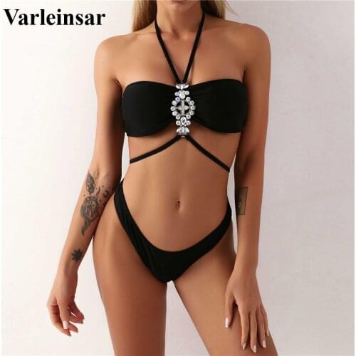 Halter Bikini Female Swimsuit Women Swimwear Two-pieces Bikini set With Shiny Diamond Decor Bather Bathing Suit Swim Lady V2675