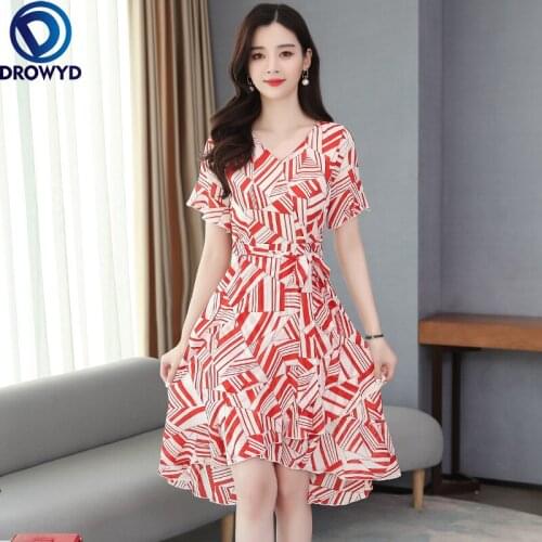 2021 Chiffon Women Dress V-neck Summer Dress A-line Red Slim New Dresses High Waist Short Sleeve Elegant Vestidos Robe Femme