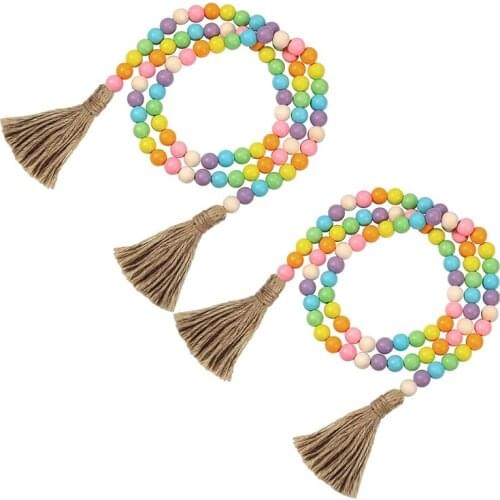 2 Pcs Wood Bead Garlands with Tassels Farmhouse Rustic Country Wood Bead Boho Bead Garlands for Tiered Tray Decor