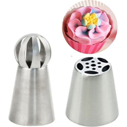 2PCS/set Rose Russian Nozzles+Spherical Ball Icing Piping Nozzle Pastry Tip Fondant Cupcake Baking Stainless Steel Cream Kitchen
