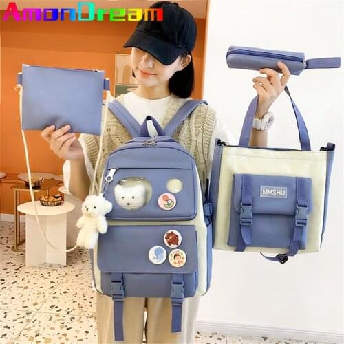 Cute 4 pcs Sets Women Large Capacity Backpack Female Schoolbag College Lady Laptop Backpacks Kawaii Girl Travel Book Bags 2021