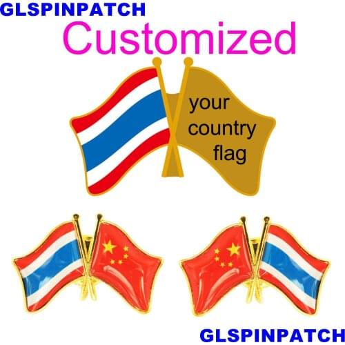 Thailand Crossed Friendship Flag Double Country lapel pin Brooch USA UK France Chile Russia Saudi Arabia Japan Spain Badge