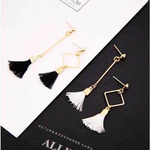 Black Red White Strings Tassel Pendant Hollow Square Stick Asymmetrical Golden Drop Earrings Dangle Earrings