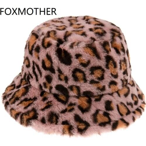 FOXMOTHER New Pink Grey Leopard Fishing Caps Panama Bob Fisherman Gorros Warm Soft Faux Fur Winter Bucket Hat For Women Ladies