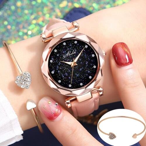 2PCS Bracelet Watch Set Luminous Starry Womans Wristwatch Leather Belt Diamond Ladies Clock Fashion Female Watches montre femme