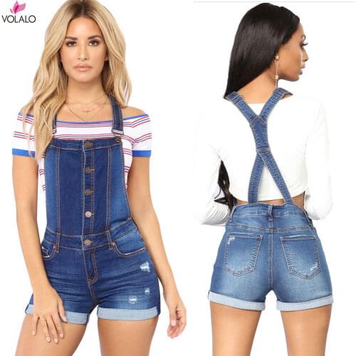 Short Denim Overalls Women Hole Short Jumpsuit High Waist Casual Jeans Playsuit Washed Salopette Straps 2021 Summer Jeans Romper