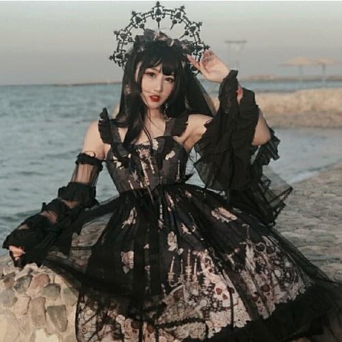 Summer Lolita Princess Jsk Black Dress Gothic Lolita Dress Soft Sisiter Bow Lace Women Dark Halloween Costume For Kawaii Girls