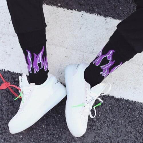 Men Fashion Red Flame Pattern Combed Cotton Mens Socks Harajuku Colorful Happy Funny Trend Street Soft Fire Long Socks