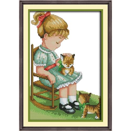 Girl and cat cross stitch kit aida 14ct 11ct count print canvas hand sew cross-stitching embroidery DIY handmade needlework
