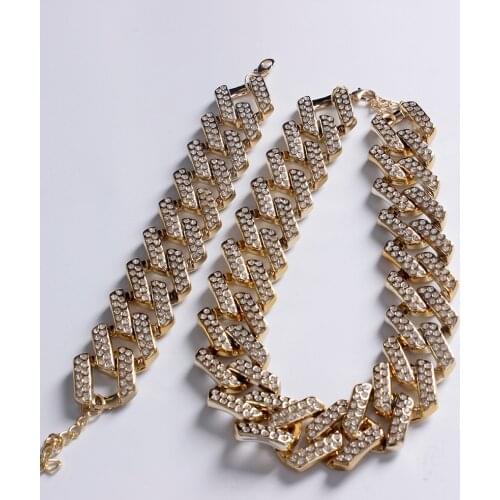 2021 New CCB Thick Chain Chunky Necklace Couple Rhinestone Bracelet Necklace Set Golden Cuban Punk Hip Hop Rock Jewelry
