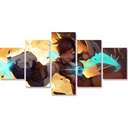 Overwatchs Tracer Canvas Painting 5 Panel Posters and Prints Canvas Wall Painting Wall Pictures for Living Room