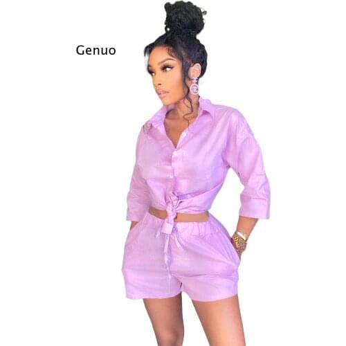 Sexy Two Piece Set Button Shirt Top Lace Up Shorts for Women Summer Outfits Office Lady Clothing Club Party Matching Set