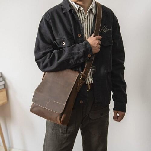 Simple casual mens first layer cowhide shoulder bag retro natural genuine leather diagonal backpack black business soft leather