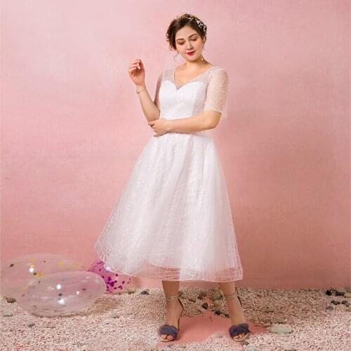 White Simple V-Neck Evening Dress Lace Up A-Line Elegant Short Sleeves Ruched Tea-Length New Plus Size Women Formal Gowns D817