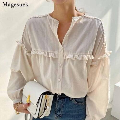 Spring Vintage Loose Solid Ruffled Womens Shirt Long Sleeve O Neck White Women Blouse Casual Button Female Shirts Tops 11269