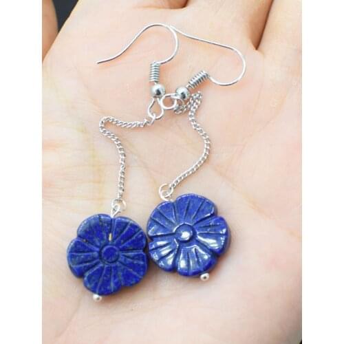 One pair blue lapis carved flower 15-16mm earrings FPPJ wholesale beads nature