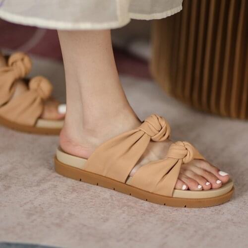 MEZEREON Soft Sheepskin Slippers Pleated Sandals Fashion Women Summer Beach Shoes Butterfly-Knot Slides