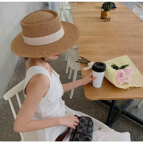 New Summer Women Lady Outdoor Casual Raffia Sun Hat Flat Straw hats Ribbon Bow Sunscreen Casquette Gorros