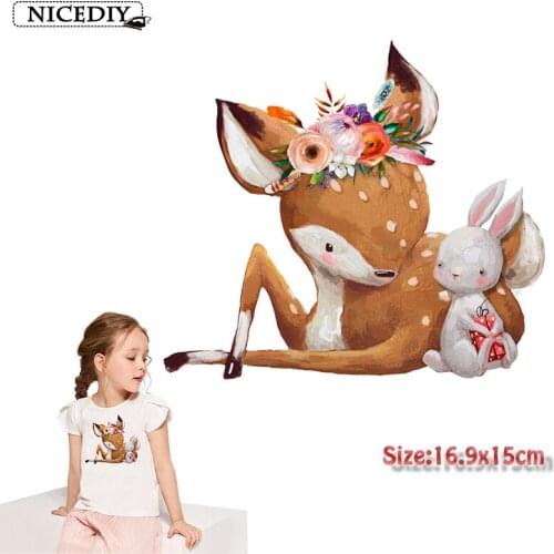 Nicediy Cute Flower Rabbit Deer Patches Animal Heat Thermal Transfers Patch Iron On Transfer For T-Shirts Decor For Kids Clothes