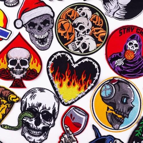 Hippie Rock Style Patch Iron On Patches For Clothing Punk Skull Embroidered Patches On Clothes Stripe Applique Skeleton Badges