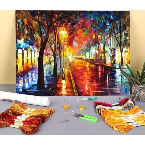 Street The Old Town Printed Fabric 11CT Cross Stitch DIY Embroidery Full Kit DMC Threads Hobby Craft Handmade Needlework